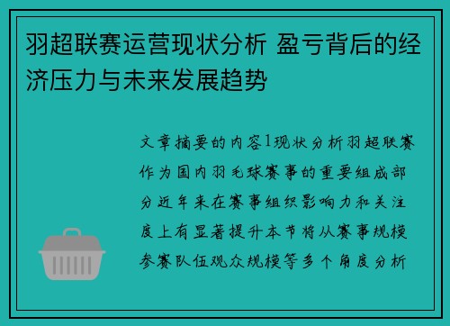 羽超联赛运营现状分析 盈亏背后的经济压力与未来发展趋势