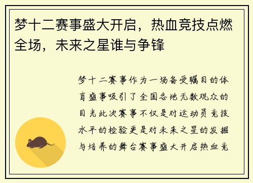 梦十二赛事盛大开启，热血竞技点燃全场，未来之星谁与争锋