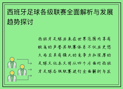 西班牙足球各级联赛全面解析与发展趋势探讨