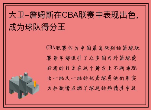 大卫-詹姆斯在CBA联赛中表现出色，成为球队得分王