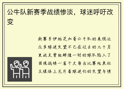 公牛队新赛季战绩惨淡，球迷呼吁改变