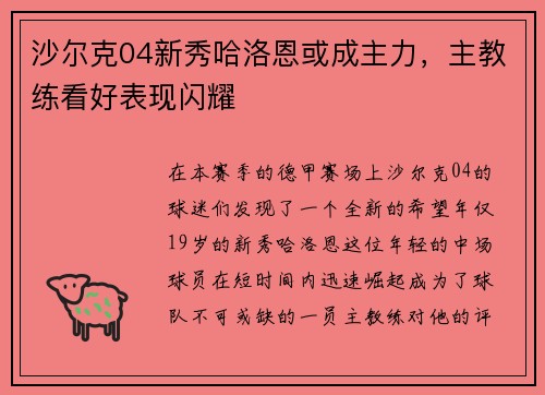 沙尔克04新秀哈洛恩或成主力，主教练看好表现闪耀